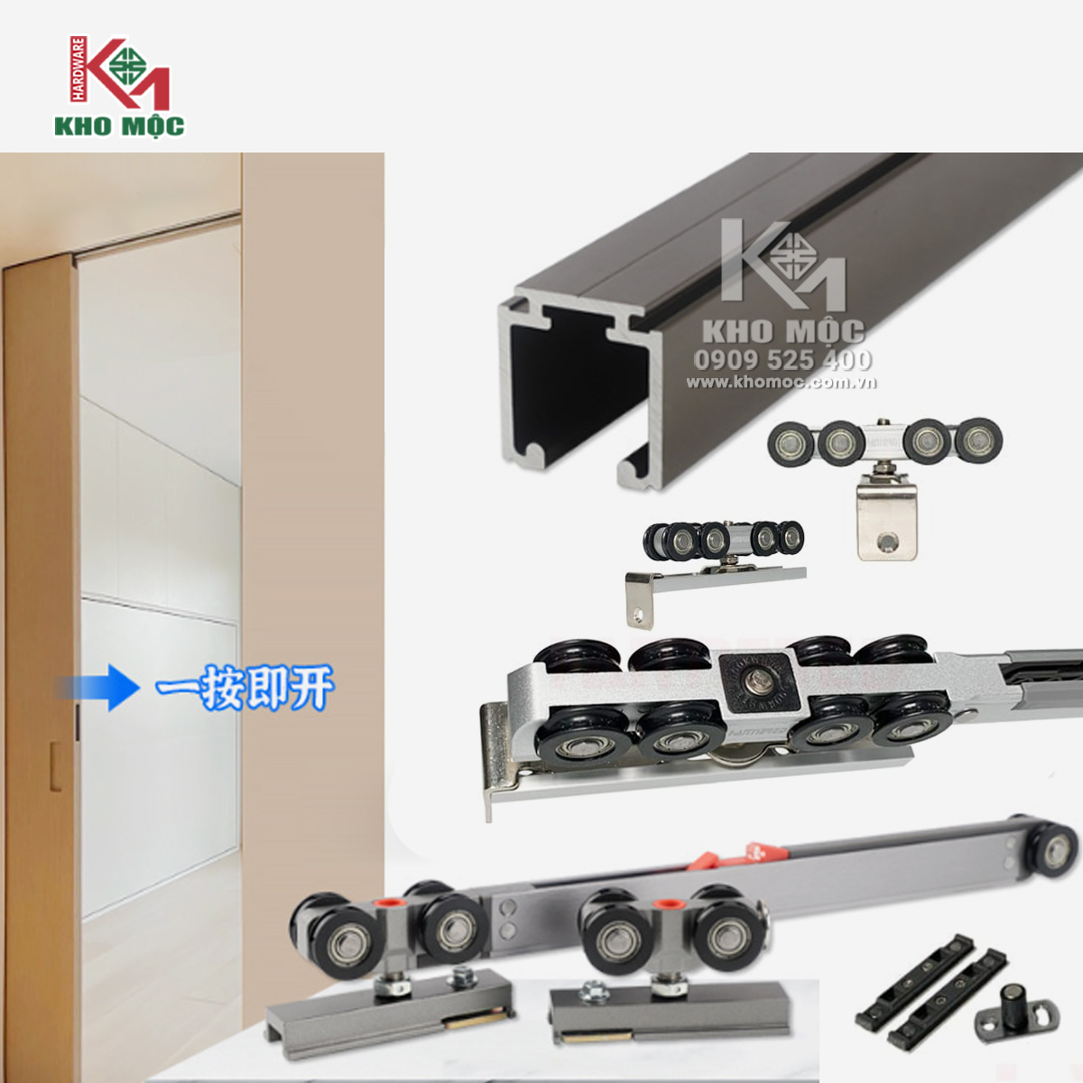 Bánh Xe & Ray Lùa Cửa Đi Có Giảm Chấn – Trượt Êm, Đóng Nhẹ, Tiết Kiệm Không Gian