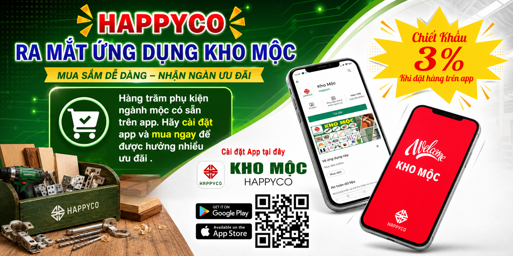 Thiếu phụ kiện? Tải app Kho Mộc Happyco – Đặt nhanh, giảm 3%