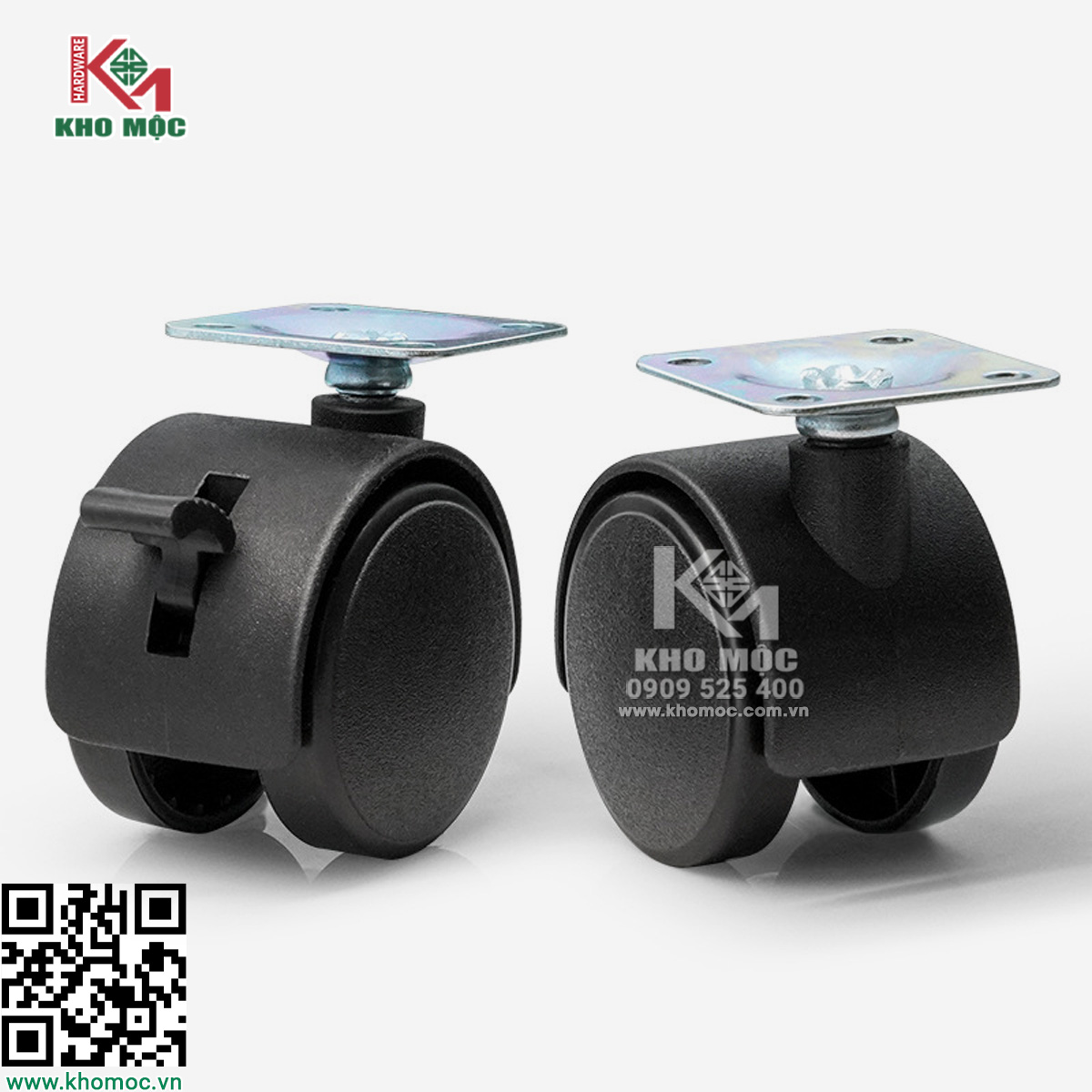 Bánh xe nhựa màu đen phi 50 có khóa