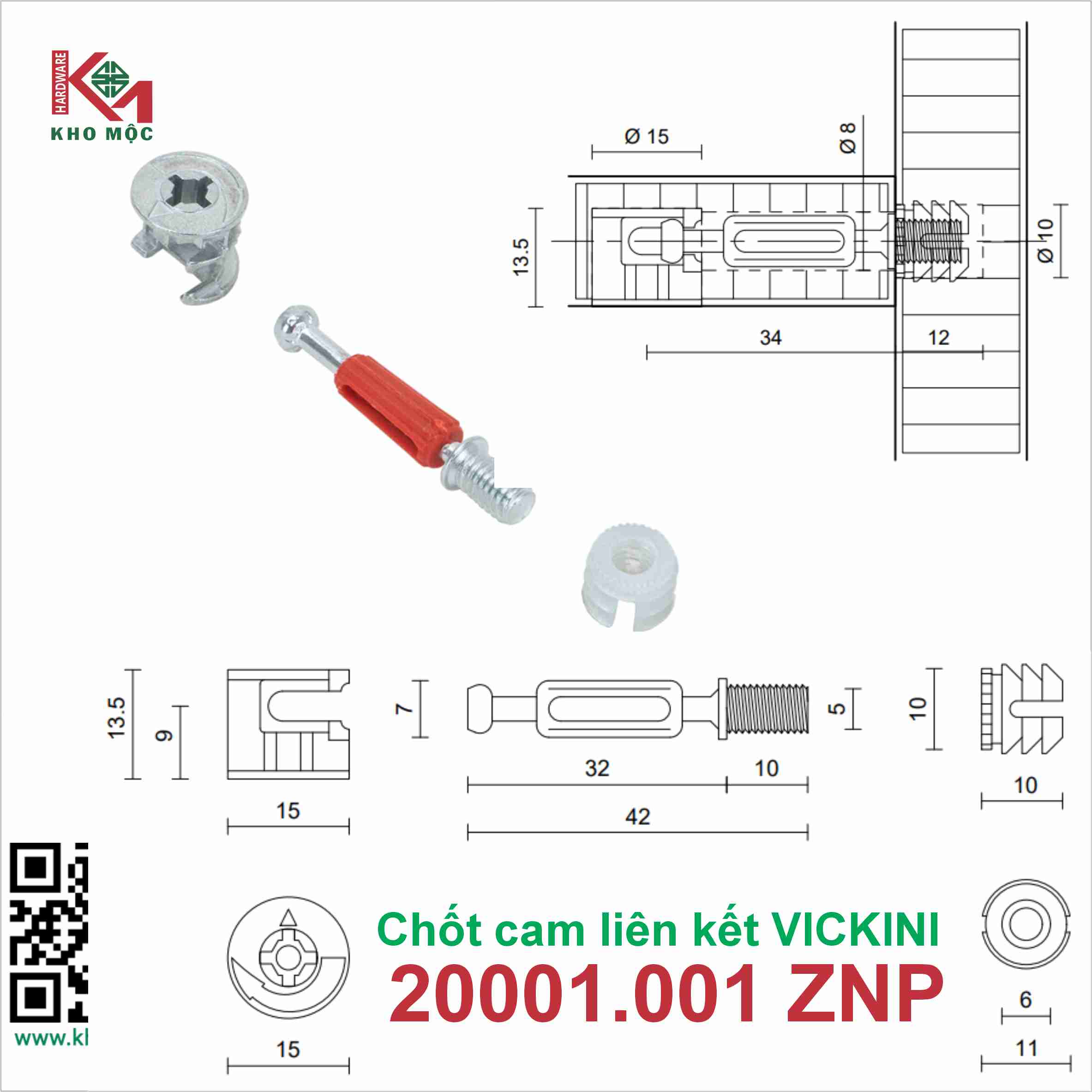 Chốt cam liên kết VICKINI 20001.001 ZNP (1 bộ gồm 3 thành phần)